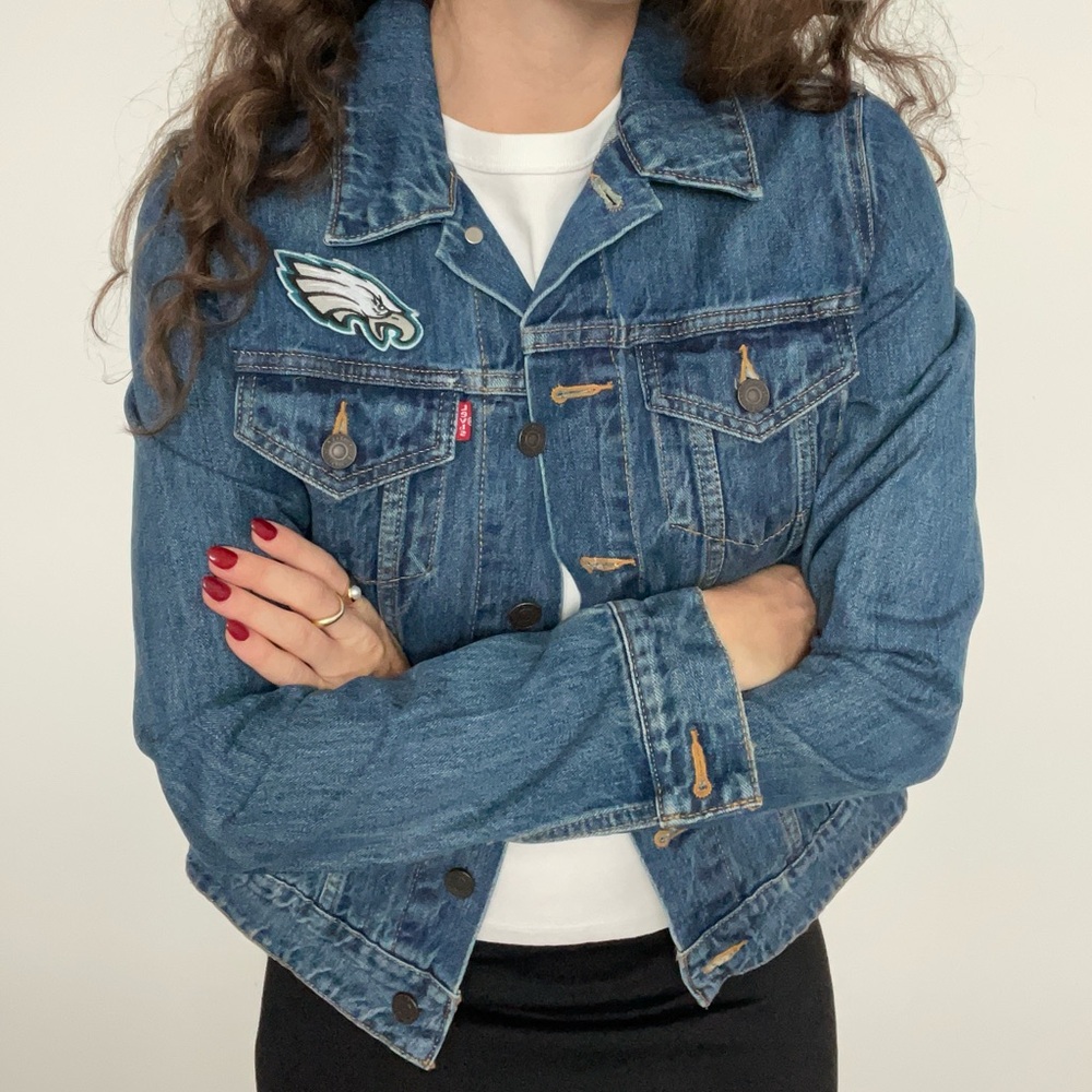 Levi's Classic Blue Denim Jacket with Eagles NFL Patches